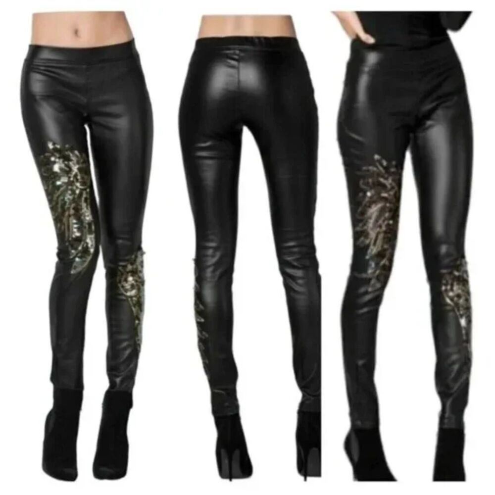 Venus Fame Black Faux Leather Sequin Wing Stretch Tapered Leg Pants Size 8  NWOT